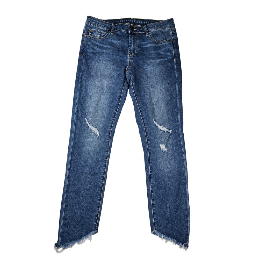 Articles of Society Lyon Skinny Jeans Blue Distressed Step Diagnal Hem Womens 27
